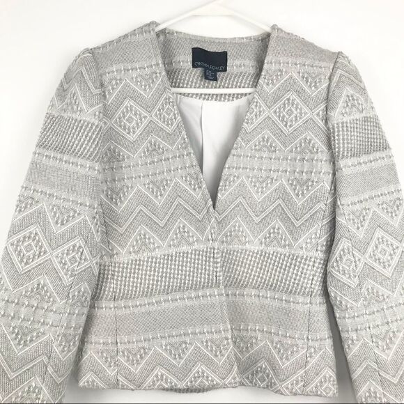 Cynthia Rowley Gray Woven Geometric Tribal Print Open Blazer - Picture 5 of 13